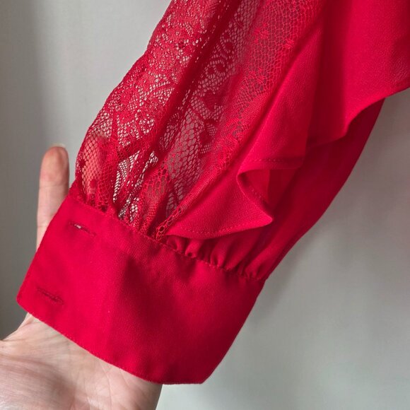 BISOU BISOU Red Ruffle and Lace Blouse | S | Sheer Button Down Round Neck NEW - Picture 5 of 9